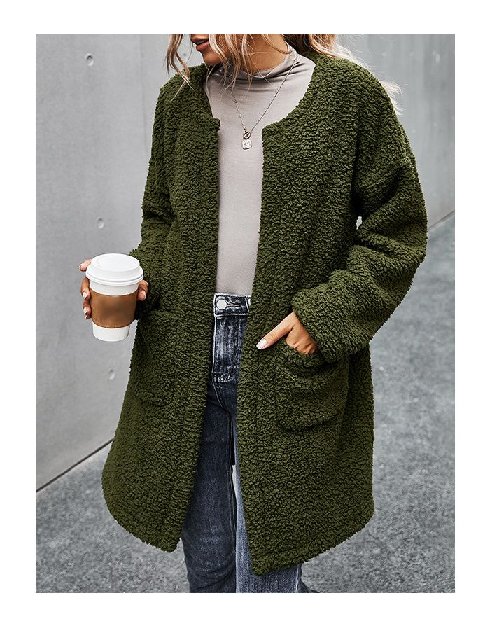 Winter Women New Thick Plush Warm Cardigan Medium Long Coat with Pockets